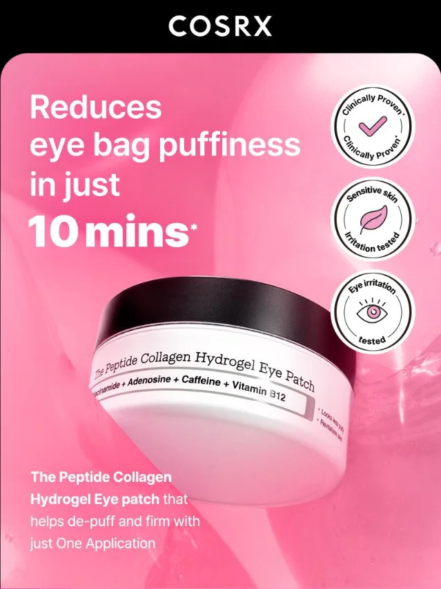 COSRX Peptide Collagen Hydrogel Eye Patch — pink hydrogel patches on a pink background, with 10-minute de-puff clinical claim, containing peptides, collagen, and caffeine