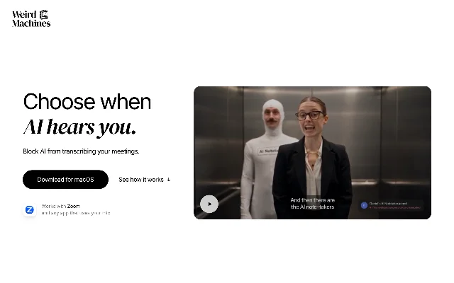 Off the Record 产品页首屏:左侧是「Choose when AI hears you.」与 Download for macOS 按钮,右侧视频里有一名穿白色紧身衣、胸前贴着 AI Notetaker 的人站在会议画面中