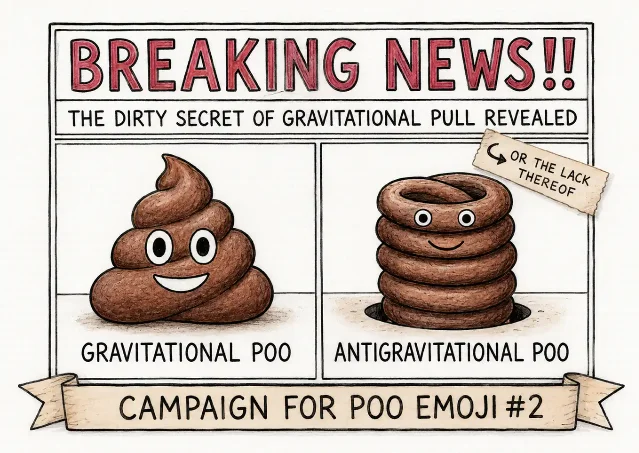 Hand-drawn two-panel cartoon comparing gravitational poo with antigravitational poo and campaigning for a second poo emoji
