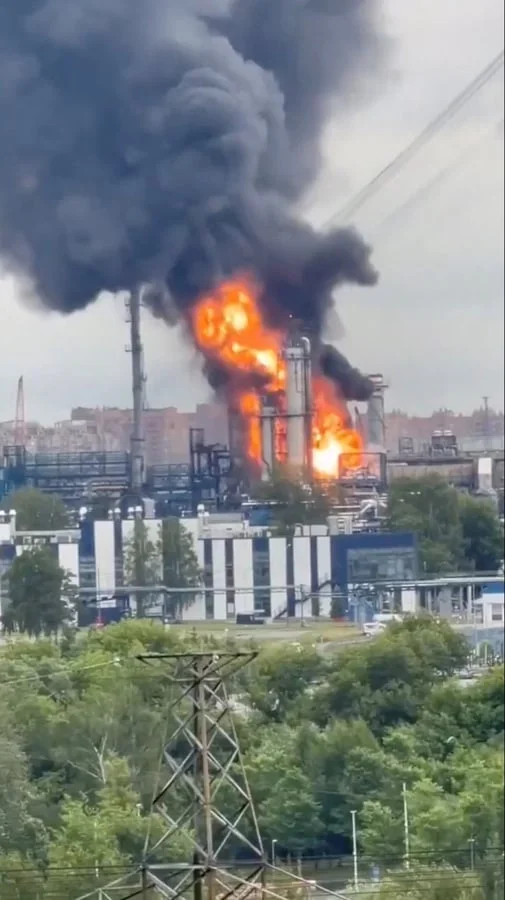Smoke from a Russian refinery after a drone strike