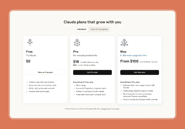 Claude pricing plans screenshot