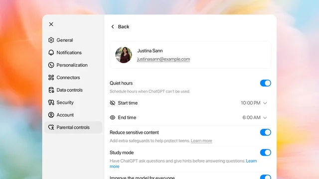 OpenAI 家长控制界面中显示 Quiet hours、Reduce sensitive content 与 Study mode 开关
