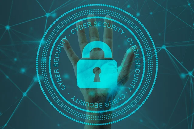 Digital cybersecurity concept with lock and network nodes, illustrating AI safety challenges