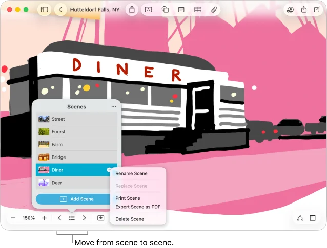 Freeform 的 Scene Navigator 列出多个已保存视野