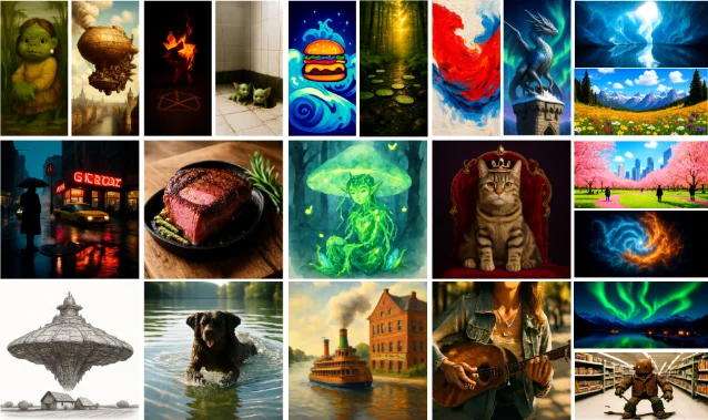 UniDDT generation samples at 1024×1024 resolution using Adams-2nd-order solver, 25 steps, CFG=4. The grid shows diverse subjects — fantasy characters, landscapes, food, animals — produced by the same unified model.