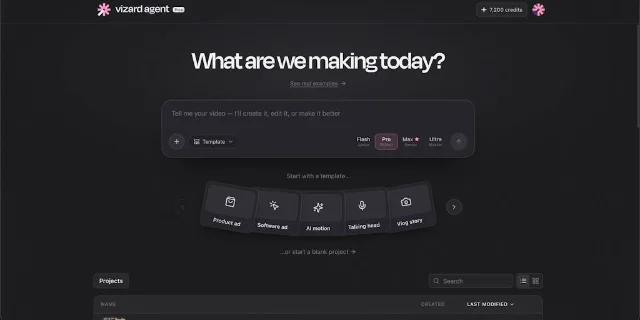 Vizard Agent's dark workspace with a natural-language prompt, video templates, and a project list
