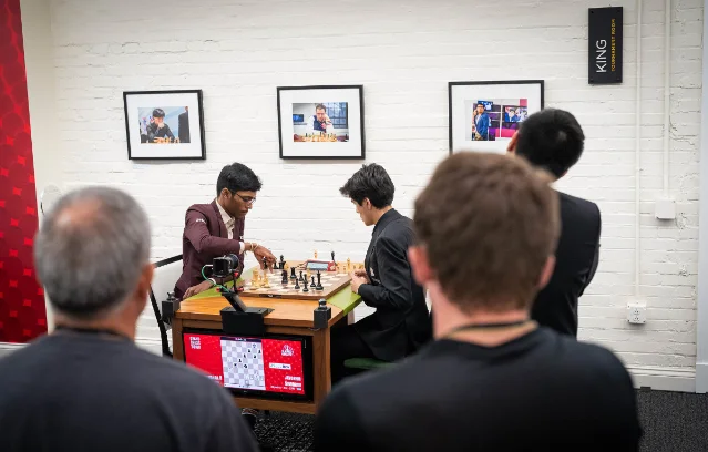 Praggnanandhaa and Javokhir Sindarov at the board in Saint Louis