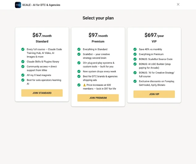 Public SCALE AI plans page captured September 16, 2026, showing Standard at $67/month, Premium at $97/month, and VIP at $697/year, with a warning that the price rises at 600 members