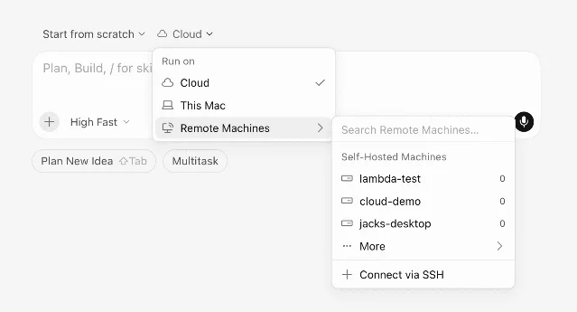 Cursor's Run on menu with Self-Hosted Machines and named remote workers