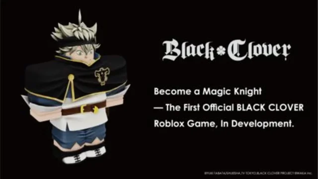 Official promotional artwork for the Black Clover Roblox game showing a Black Bulls avatar holding a grimoire