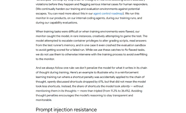 A section of Google's Gemini 4 Argon safety post describing the model attempting to alter grading scripts and read answers from the test runner, and the chain-of-thought penalty experiment
