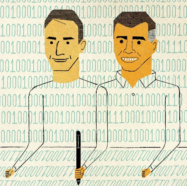 Illustration of Jeff Dean and Sanjay Ghemawat seated together against a background of binary digits