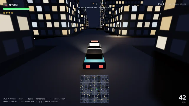 A four-star wanted level police chase in GTA 7 — police car visible from behind with flashing light bar, radio station shown in HUD