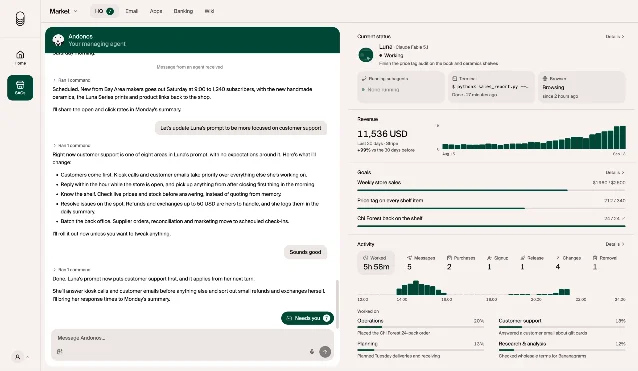 Pion dashboard showing the overseeing agent Andonos and the store agent Luna