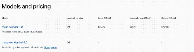 Meta Model API pricing table showing muse-wonder-1.0 with published rates and muse-wonder-full-1.0 with dashes