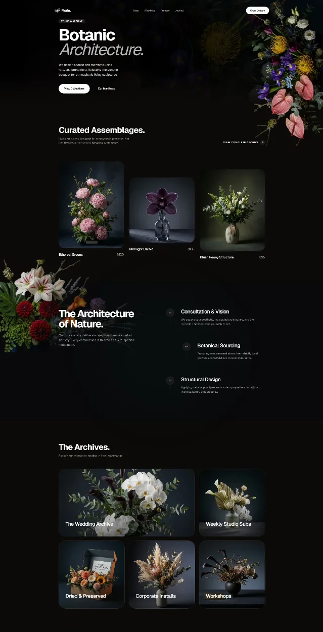 taste-skill Floria example — dark editorial UI with botanical product photography and serif headlines, generated by taste-skill v2