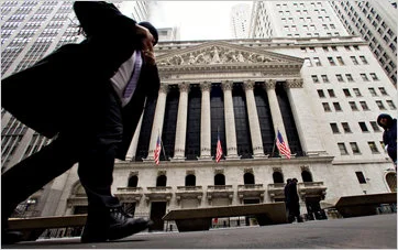 NYSE building exterior with American flags, Manhattan, 2011