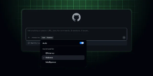 Auto menu open in a Copilot composer, listing Efficiency, Balance, and Intelligence, with Balance selected