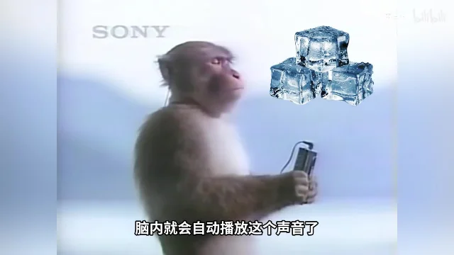 一只猴子举着手中银色的随身听,头顶飘着三块冰块,左上角有 SONY 字样