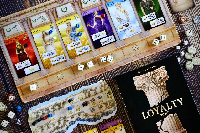Loyalty: Rome set up with god cards, influence dice, messengers, and the temple track