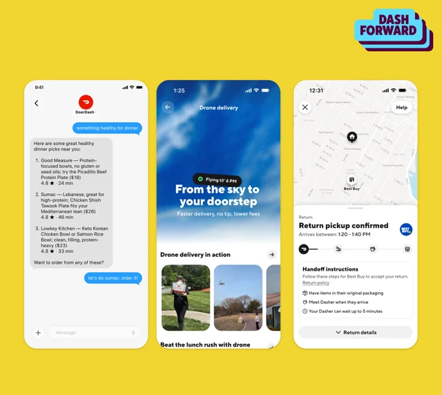 Dash Forward 2026 主视觉中的无人机配送板块,蓝天背景配「From the sky to your doorstep」