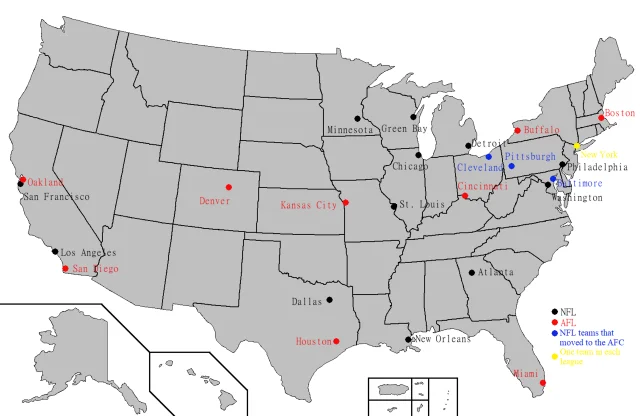 AFL-NFL merger alignment map showing conference assignments, 1970