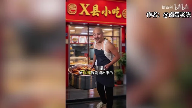 原片引用的真人短剧画面：红色「X县小吃」招牌下，戴黑围裙的光头老板笑得眼睛眯起，双手端着一口不锈钢卤锅和一柄漏勺，字幕是「这鸡腿我刚卤出来的」