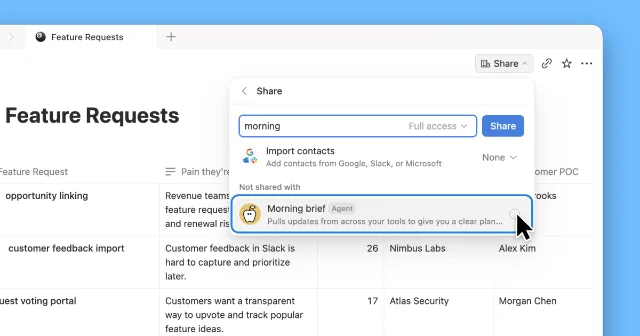 Notion's Share menu with a database, an agent named Morning brief, and an access-level selector
