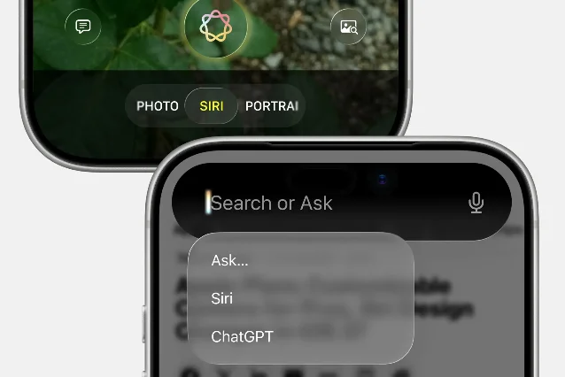 苹果 WWDC 2026 预期的新 Siri 界面概念图,展示相机 App 内 Siri 集成与全新「Search or Ask」搜索入口