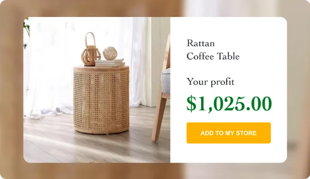 Woven rattan coffee table with organic round shape on light flooring