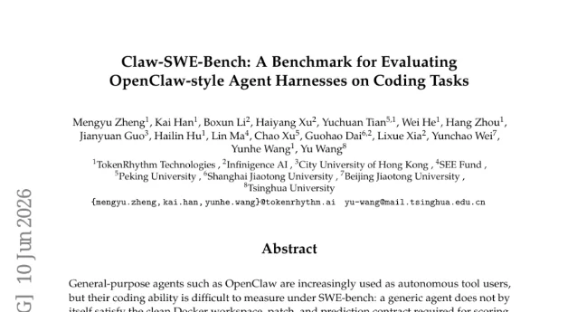 Claw-SWE-Bench 论文缩略图，展示多语言代码 Agent harness 评测框架