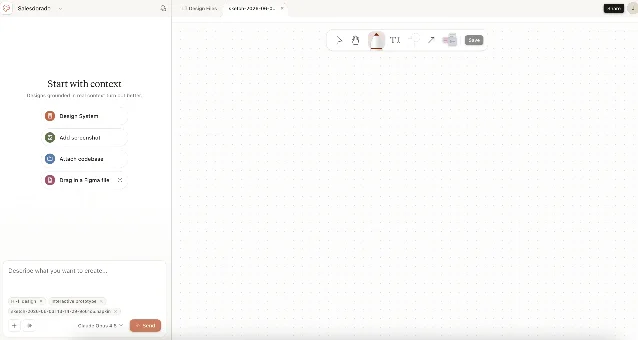 Claude Design interface showing a conversational canvas with a design output panel