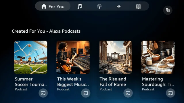 Alexa Podcasts 界面:「Created For You」个性化播客推荐