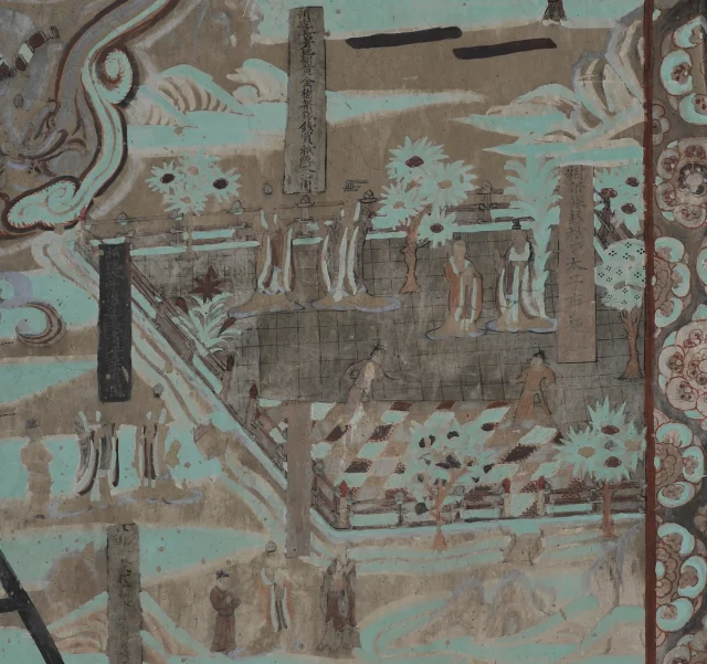 莫高窟第454窟西壁劳度叉斗圣变中「建祇园精舍」局部。真实壁画照片,见于甘肃教育出版社《敦煌莫高窟第454窟研究》书说配图。