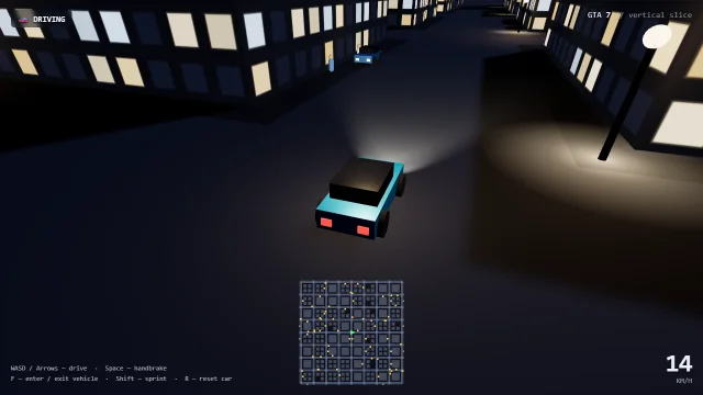 GTA 7 driving through the procedural neon city at night, minimap visible, headlights casting pools of warm light on the asphalt