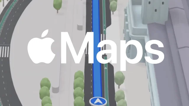 Apple Maps interface with navigation route over city aerial view