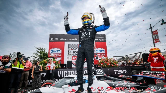 Marcus Ericsson celebrates after winning the inaugural Markham IndyCar race