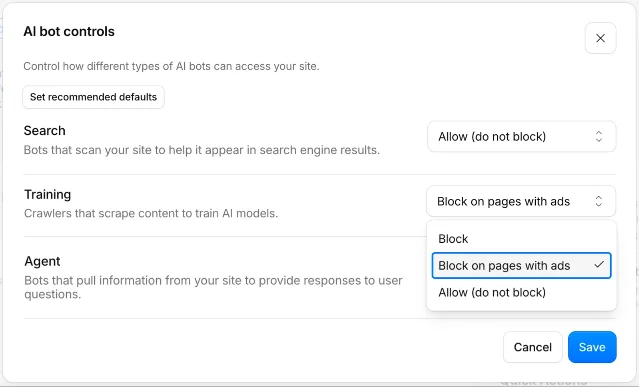 Cloudflare AI bot controls 设置界面