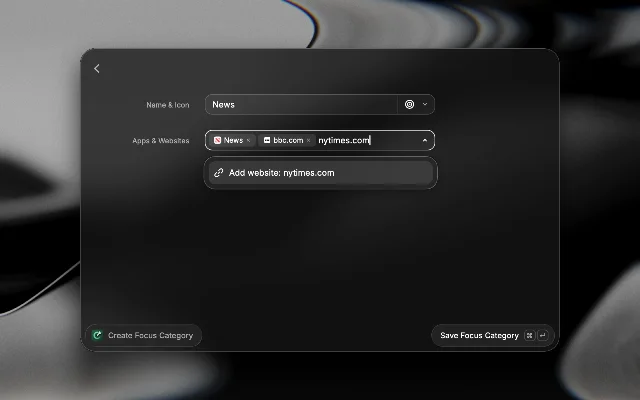 Raycast Create Focus Category form showing a custom News category with apps and websites listed