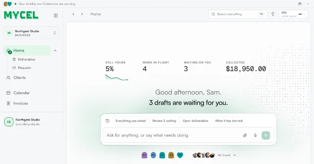 The Mycel dashboard: a workspace switcher, navigation for deliverables, requests, clients, calendar and invoices, four headline metrics, and an assistant panel offering "Review 3 waiting"