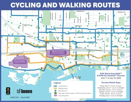 Recommended walking and cycling routes to Toronto Stadium and the FIFA Fan Festival
