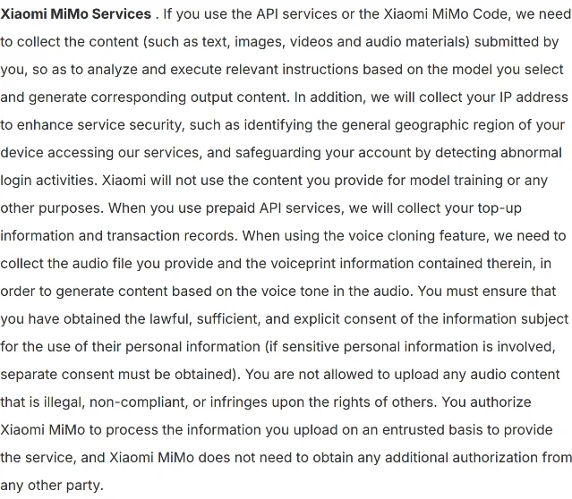 A paragraph from Xiaomi's MiMo privacy policy, headed "Xiaomi MiMo Services", ending with the sentence: Xiaomi will not use the content you provide for model training or any other purposes