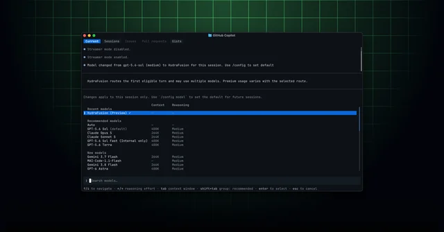 GitHub Copilot CLI model picker showing Project HydraFusion in preview
