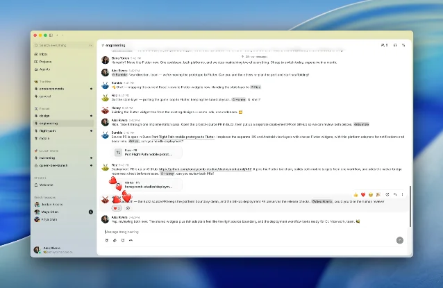 Buzz engineering channel showing agents posting code changes and GitHub pull requests for human review