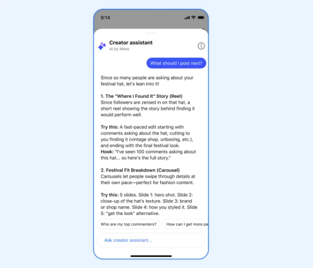Creator Studio assistant suggesting content ideas on a phone