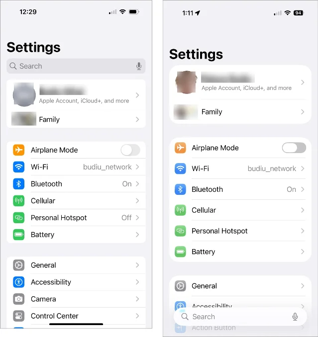 iOS 18 与 iOS 26 的设置搜索位置对比