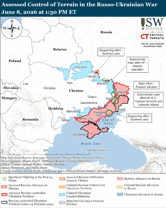 ISW frontline map — Russia-Ukraine war, June 8 2026, showing Kinburn Spit withdrawal area and southern Ukraine theatre