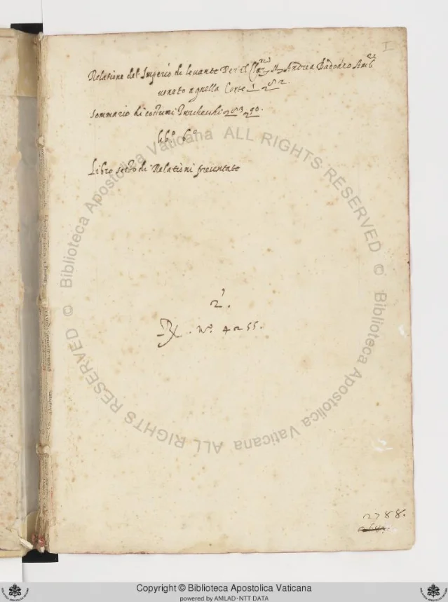 Folio Ir of Ott.lat.2788: the contents leaf, listing four sections of the manuscript including the two relazioni and two summaries of Ottoman customs