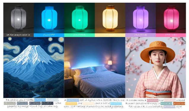 Four panels of generated and edited images, each labelled with the hex values written into the prompt, showing a single finetuned model handling both object recolouring and hex-conditioned generation