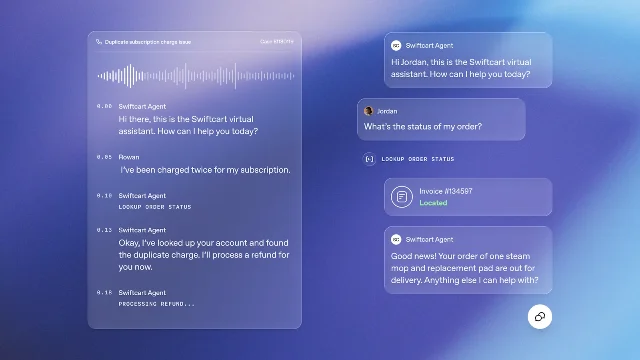 OpenAI Presence mockup showing a voice-and-chat support agent looking up an order and processing a refund